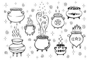 Set of magic cauldron. Hand drawn vector illustration  isolated on white background.