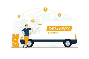 Delivery man standing while leaning on truck with cardboard boxes courier shipping order concept illustration vector