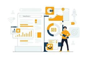 SEO, Boost website, Enhance rankings, Visitor traffic, analytic strategies, and optimize content using keywords. Dominate search engine results with back link, and organic growth concept illustration vector