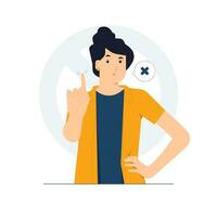 No and makes stop gesture, forbids disagreement, Body language No means no. Girl says no and showing stop with one finger, taboo sign, deny expression, and angry grumpy ban concept illustration vector