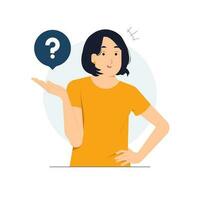 Confused uncertain Feeling in doubtful decision, Thinking woman worry and think with serious thoughtful expression, question mark, dilemma, undecided concept illustration vector