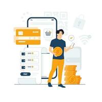 E wallet, digital payment, online transaction with a Man standing and holding mobile phone concept illustration vector