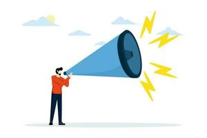 Business shouting, promotion concept announcement, speaking loud to communicate with colleagues or attract attention, confident businessman using megaphone speaking loud to be heard in public. vector