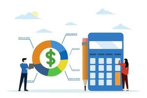 budget or savings concept, debt and investment analysis, Cost structure, expense and income balance calculation, income, money management, businessman with calculator with pie chart of cost structure. vector