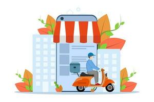 package or food delivery concept, delivery service. smartphone tracks package location. Delivery man with motorbike orders via smartphone. flat illustration vector on white background.