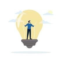 Businessman or leader repairing giant light bulb. Generate ideas for business processes and solutions. Leaders who face problems to find solutions for the organization. flat vector illustration.