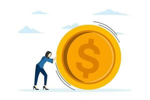 Positive businesswoman rolling a huge gold dollar coin. Earn, save and invest money concept. Flat vector illustration on white background.