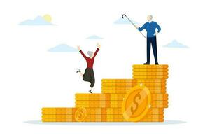 concept of wealth planning and cost of living after retirement, retirement savings or retirement fund investment, old man and woman walking on pile of growth savings coins. flat vector illustration.