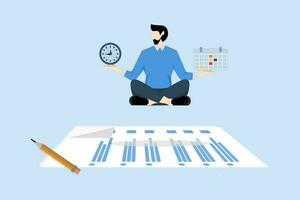 hora administración a incrementar productividad, autodisciplina o auto control a obtener trabajo hecho o lograr negocio objetivos, empresarios meditar equilibrio relojes y calendarios en terminado tarea documentos. vector