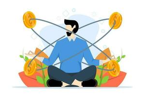 Predict the financial future. Finance Specialist, Accounting, Financial Consulting. Predict the future direction and trends of the economy. business man in lotus position meditating. flat vector