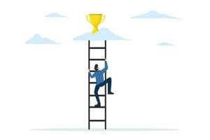 Businessman is climbing the ladder towards the cloud on which there is a golden cup. step by step towards success or goal. Leadership and achievement concept. Modern flat vector illustration.