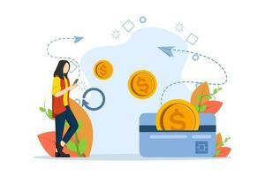 Concept of money transfer, e-commerce, savings account. lady got refund on credit card. Online cashback and refund services. Vector illustration in flat design for web banner and mobile app.