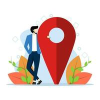 Handsome businessman standing near big map pointer. Our office location. company location, specify the location on the map. business meeting location. Flat vector illustration on a white background.