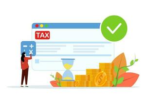 Concept of tax returns, optimization, duties, financial accounting. Successful businesswomen reduce huge taxes. Tax deduction. Vector illustration in flat design for UI, banner, mobile app