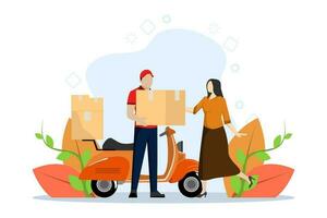 Online Delivery Service Concept, Showing package delivery courier to customer, Suitable for landing page, UI, web, app intro card, editorial, flyer and banner, Flat Vector Illustration.