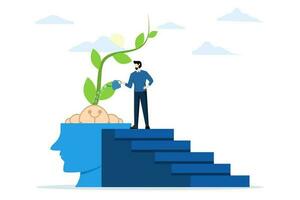 businessman Watering plants with big brain growth mindset concept. A positive attitude to learn new knowledge enhances creativity for business problems. flat vector illustration on a white background.