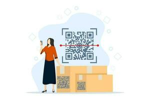 electronic payment, QR verification, Person holding phone with QR sign. User scans QR code with phone for payment. QR code collection, mobile scanner. Flat vector illustration for UI, website.