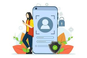 A woman standing near the phone, face recognition concept, face ID system, biometric identification. identify faces. Vector Illustration in flat design for mobile application.
