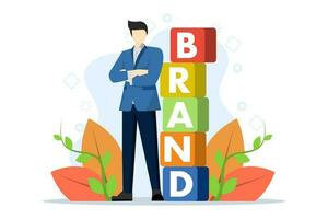 characters make the word BRAND from cubes. Personal brand concept, journalism, advertising, online advertising, public relations, recognizable branding in flat design. flat vector illustration.