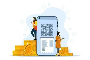 electronic payment, QR verification, Person holding phone with QR sign. User scans QR code with phone for payment. QR code collection, mobile scanner. Flat vector illustration for UI, website.