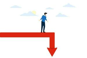 concepto de financiero crisis, inesperado valores mercado rechazar, pérdida de dinero, capital devaluación, arriesgado inversión estrategia. empresario en pie en un desplomándose cuadro. plano vector ilustración.