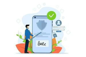 empresario firma contrato con electrónico firma. digital firma, datos proteccion, condiciones y condiciones colocar. proteger archivos con un seguro contraseña. el usuario acepta el intimidad política acuerdo vector
