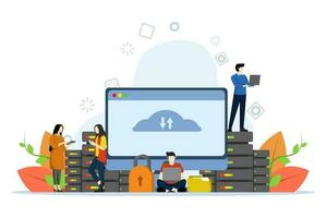 cloud technology. Concept of cloud computing, online database, web hosting, web data center. People store data on cloud servers. Vector illustration for web banners, infographics, mobile apps.