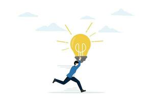 Business innovation, business challenge, invention, solution, best, ambition symbol. Businessman walking carrying light bulb symbol of new and best idea. Business concept vector illustration.