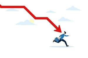 depression or investment risk concept, crisis or collapse, business failure, economic recession or investment loss or stock market crash, failed businessman running away from falling arrow chart. vector