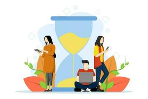 time management concept. teamwork, deadlines, constant online communication. business people with laptops and cell phones working online around the hourglass. flat vector illustration.