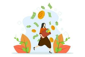 salvar dinero personas concepto. mujer participación dinero o billetera. negocio capital dinero inversión personaje haciendo folleto póster bandera volantes. dinero en efectivo. plano vector ilustración en un blanco antecedentes.