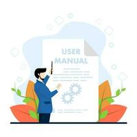 male character and user manual. Instruction guide for reading and writing managers. Customer guide concept, useful information, technical document. Vector illustration in flat design.