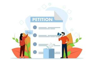 petición forma. en línea petición concepto, hacer un elección, votación, democracia. personas firmar o llenar fuera y distribuir peticiones o quejas vector ilustración para web diseño y blanco antecedentes.