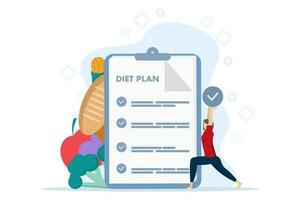 diet plan concept. People exercising and doing fitness. Woman planning diet with vegetables. Diet concept, meal planning, nutrition consultation. Flat vector illustration on a white background.