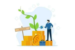 Concept of return on investment, financial solutions, passive income, equity shares. Man invests in stocks, receives dividends. Vector illustration in flat design on white background.