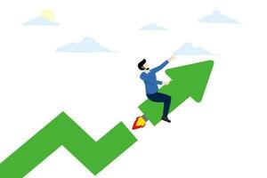 startup launch or upgrade project concept, grow fast, Investment growth increase profit, increase market return or increase growth, businessman pushing arrow with rocket booster. vector