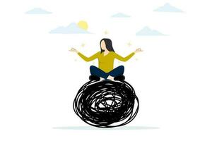 problem solving or frustration work concept, Stress management, meditation or relaxation to reduce anxiety, controlling emotions, woman in lotus meditation on chaos chaos line with positive energy. vector