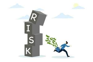 concept of risk aversion, avoiding or minimizing risk, escaping from uncertainty, fear or a safe decision for investment, preferring security or stability, businessman investor escaping from the risk vector