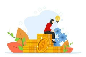 Freelancer working on laptop computer. Investment online web internet work concept. Finance work and management concept. Businesswoman with pile of money. Flat vector illustration.