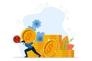 Money dependency concept. Unhappy sad male character carrying heavy gold coins on his back. income from an investment account or receiving a salary. Vector flat cartoon graphic design illustration