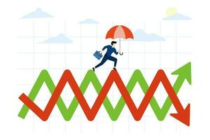 financial uncertainty or challenge concept, Surviving and thriving in investment stock market volatility, risk management or market fluctuation, businessman with umbrella walking on volatile chart. vector