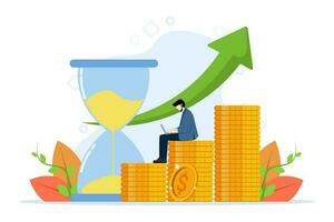 Time is money concept, financial investment fund, income increase, income growth, pile of hourglass and coins, budget planning, retirement savings, businessman sitting on pile of coins. vector