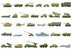 Military vehicles icons set cartoon vector. War gun vector