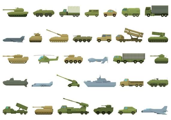 Military vehicles icons set cartoon vector. War gun