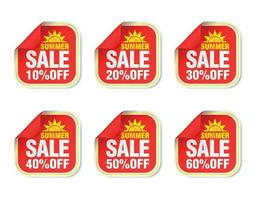 Summer sale red stickers set 10, 20, 30, 40, 50, 60 off discount vector