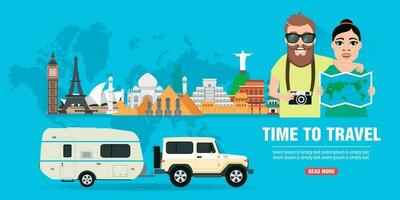 Time to travel. Camper journey of young couple concept design flat banner vector