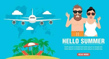 Hello summer, young couple travel concept design flat vector