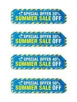 Special offer summer sale blue stickers set in grunge design style vector. Sale 20, 30, 40, 50 off vector