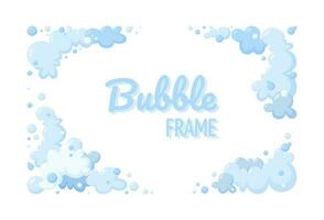 Soap foam or clouds. Design with blue foam and bubbles of different shapes. Cloudy frame and corners. Vector illustration
