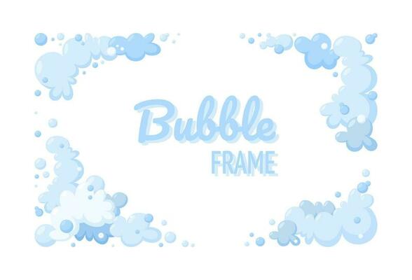 Soap foam or clouds. Design with blue foam and bubbles of different shapes. Cloudy frame and corners. Vector illustration